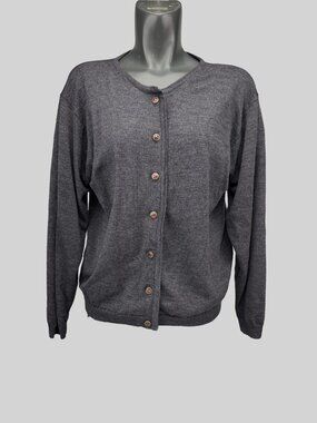 VINTAGE Quality Wool Blend Knit Grandma Charcoal Grey Jewel Button Up Cardigan L